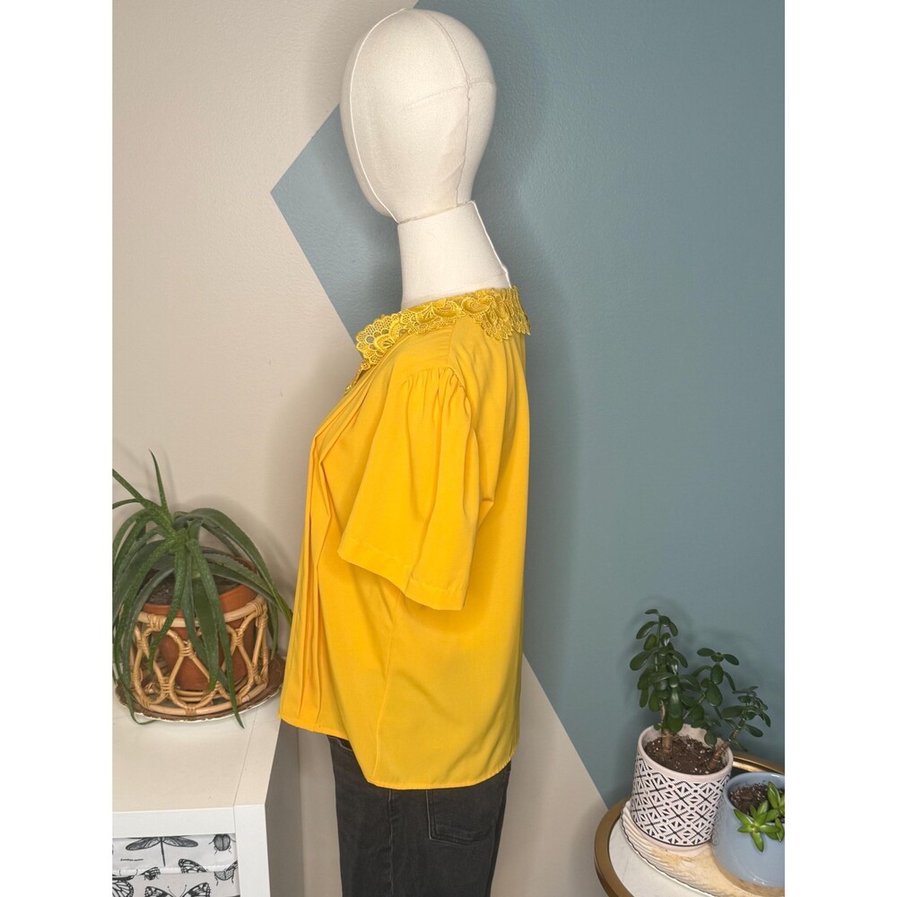 Vintage Mustard Beaded Lace Collar Puff Sleeve Blouse USA - Picture 3 of 12